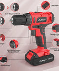 Red Go-To 20V Cordless Drill Driver Kit with Dual 1.5Ah Batteries, 30Nm Torque, 21 Plus 1 Clutch, Two Speed, Three Eighth Inch Chuck