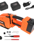 Built Tough Cordless Electric Strapping Machine With Bright Lcd Screen Dual Long Last Batteries For No Stress Pp Pet Strap Baling On Cartons And Heavy Pallets with batteries and tools displayed.