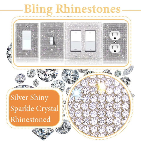 Bling Silver Rhinestone Light Switch Cover Plate With Sparkling Crystal Accent Shiny Wall Plate Cover For Living Room Bedroom Decor Easy Install Premium Plastic Single Pack showing design and rhinestones.
