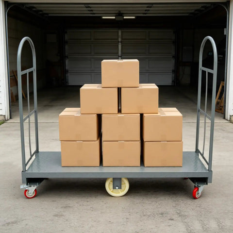 Heavy Duty 2000 Lb Platform Cart With Rails, 60.5 Inch Flatbed Workhorse For Warehouses And Garages, Rust Resistant Steel Frame, boxes loaded