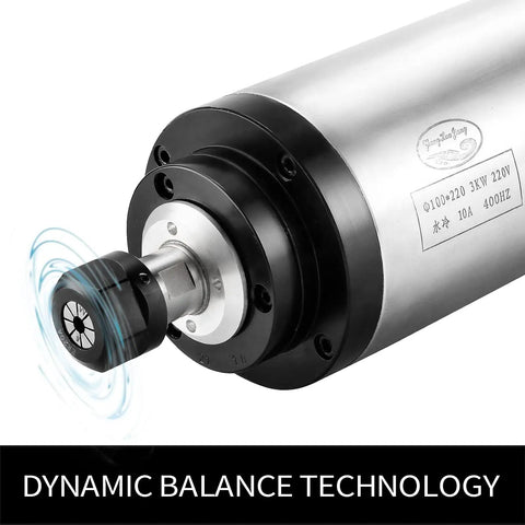 Close-up of Beefed Up 3KW 100mm Water Cooled CNC Spindle Motor Kit with 220V VFD showcasing dynamic balance technology.
