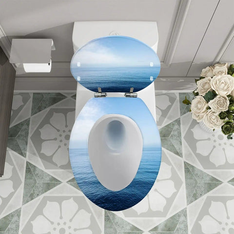 Elongated Resin Toilet Seat for Bathroom with ocean view design, fitting standard toilets, top view image.