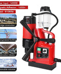 Powerful Magnetic Drill Press Kit With 1400W Corded Motor, showing red drill press for steel and iron work with operational controls.