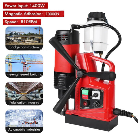 Powerful Magnetic Drill Press Kit With 1400W Corded Motor, showing red drill press for steel and iron work with operational controls.