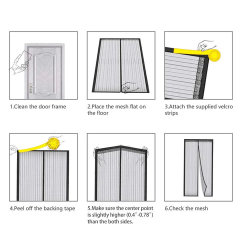 Installation steps for Upgraded Magnetic Screen Door With 36 Strong Magnets, showing cleaning, mesh placement, and velcro attachment