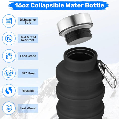 Collapsible 16oz Silicone Water Bottle With Carabiner For Gym Travel Camping Hiking Sports Lightweight BPA Free Leak Proof Foldable Design Light Pink TSA Friendly Travel Ready shown with carabiner and lid open