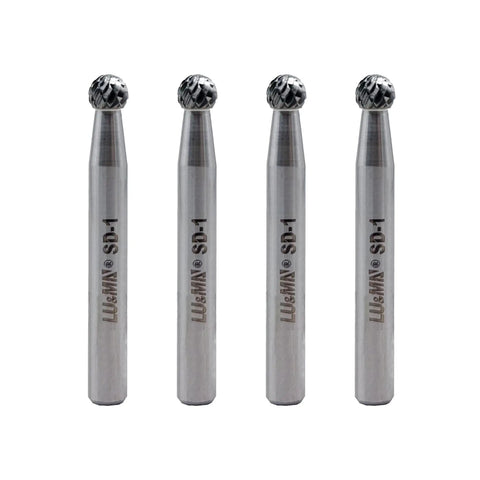 Set of four High-Performance Tungsten Carbide Ball Shaped Double Cut Rotary Burr Files for tough metalwork grinding.