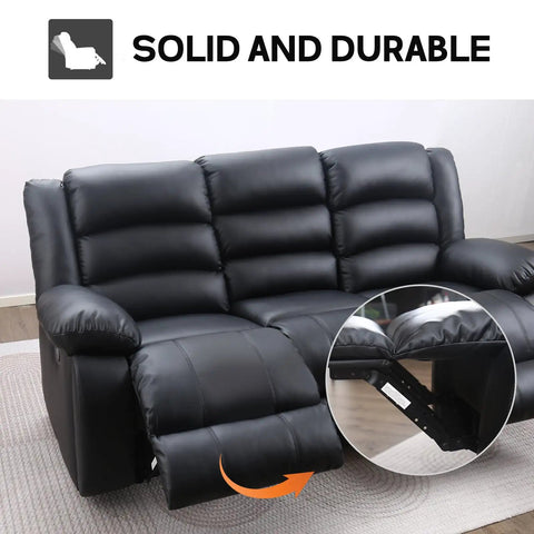 Black Faux Leather Manual Reclining Sofa With Hidden Cup Holders, 3 Seat Overstuffed Armrests, Easy To Clean, Durable Design