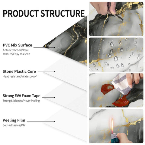 Diagram of Marble Peel And Stick Backsplash Tiles 12x12 Inches Waterproof PVC Self Adhesive Wall Panels with layers and features.