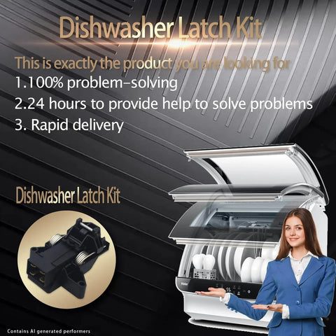 Heavy Duty Dishwasher Door Latch Replacement Kit That Snaps Right In For A Perfect Fit shown next to open dishwasher