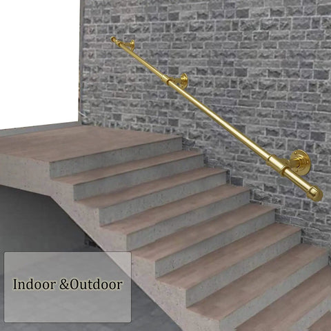 Solid As Rock Wall Stair Banister Handrail Complete Kit, gold metal handrail mounted on grey concrete stairs for safety support.