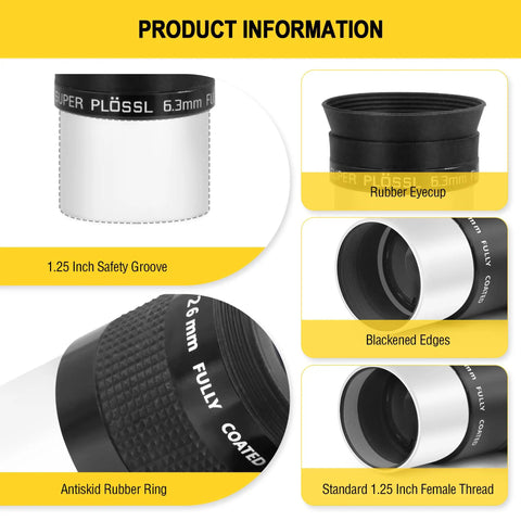 Product details of 1.25 Inch Telescope Eyepiece Set For Street Worthy Views, Ultra Clear Super Plossl 6.3mm 15mm 26mm, 5 Element Fully Multi Coated Optics