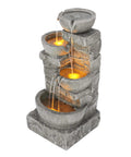 Cascading Bowls LED Outdoor Water Fountain With Stacked Stone Base For Gardens Patios Lawns And Balconies