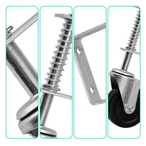 Close-up of Gate Caster Wheel Kit 4 Inch Spring Loaded Swivel For Uneven Ground 360 Degree Pushing And Pulling No Sweat Up To 220 Lbs.