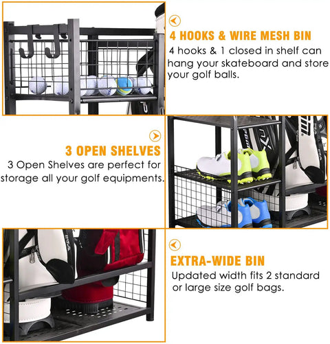 Extra Large Golf Bag Rack Stand Organizer For Garage Built To Last Holds 2 Bags And Gear With 4 Heavy Duty Hooks 3 Shelves