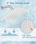 8 inch rain shower head with silicone nozzles, part of the 3-Function Wall Mount Shower System With Mixer, shown with self-cleaning feature diagram.
