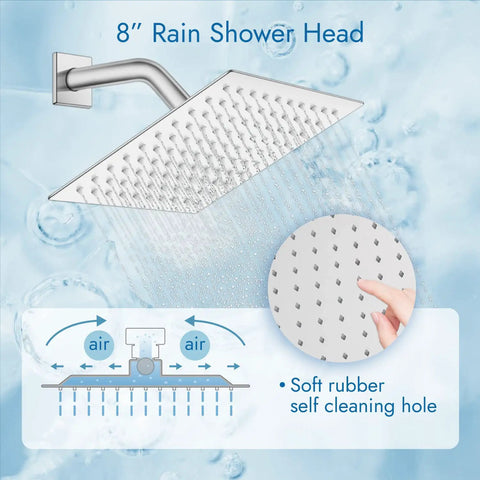 8 inch rain shower head with silicone nozzles, part of the 3-Function Wall Mount Shower System With Mixer, shown with self-cleaning feature diagram.