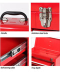 Components of Heavy Duty 4 Drawer Metal Tool Box With Ball Bearing Slides And Lid Interlock Safety Design, showing handle, locks, slide, tray