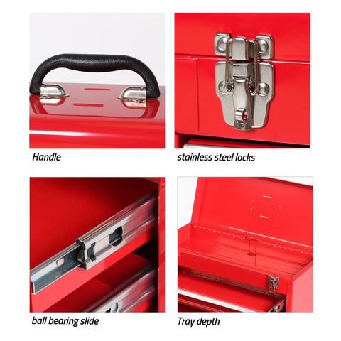 Components of Heavy Duty 4 Drawer Metal Tool Box With Ball Bearing Slides And Lid Interlock Safety Design, showing handle, locks, slide, tray