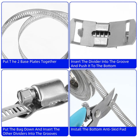 Steps for assembling the 32.8Ft Metal Strap With 24 Stainless Steel Hose Clamps Kit shown, including cutting and fastening.