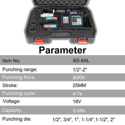 Battery Powered Hydraulic Knockout Punch Kit EZ 8AL in case with accessories and specifications displayed, 1/2 to 2 inch holes capability.