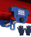 Beefed Up Dual Wheel Beam Trolley For One Ton Heavy Duty Lift With 2200 Lbs Capacity Push Manual Trolley Hoist On Dual Track Rollers Adjustable Two And A Half Inch To Eight Inch Flange For I Beam Lifting shown attached to a red I-beam with blue gloves.