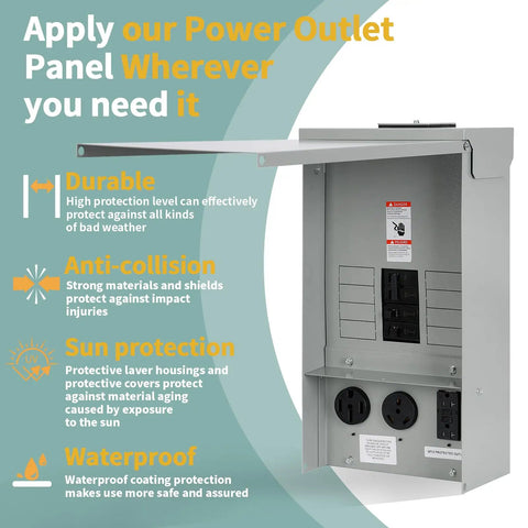 Heavy Duty Temporary Power Outlet Panel With 20 30 And 50 Amp Receptacles, open view showing receptacles and durable features.