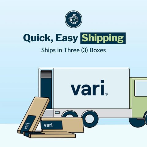 Quick, Easy Shipping image showing vari products packaged in three boxes beside a delivery truck.