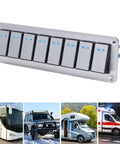 8 Gang Rocker Switch Panel with Blue LED Backlight and Voltmeter, shown with vehicles for 12V 24V use