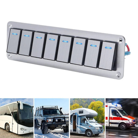 8 Gang Rocker Switch Panel with Blue LED Backlight and Voltmeter, shown with vehicles for 12V 24V use