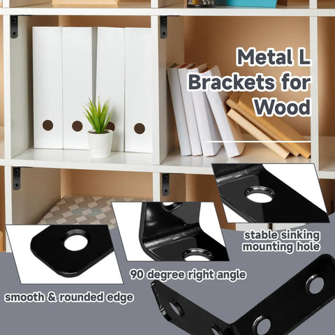 Kickass Heavy Duty Black L Corner Brackets Built To Last With Rust Resistant Coating For Hardcore DIY Woodworking And Renovation Projects Includes Screws Pack mounted on shelves with smooth edges and stable mounting holes.