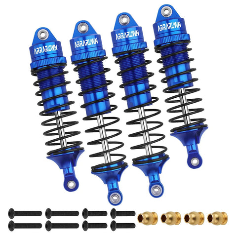 One Tenth Scale RC Car Front And Rear Shock Absorber Set For Beefed Up Four Wheel Drive 4x4 RC Trucks Upgrade Replacement Parts Blue 5862 Compatible With Slash Rustler Stampede And More displaying blue alloy shocks and accessories