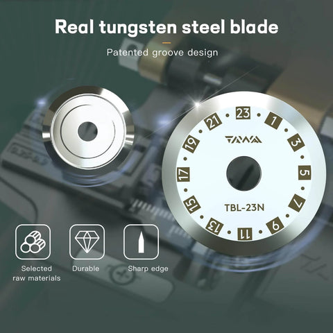 Close-up of Beast Mode Fiber Optic Cleaver tungsten steel blade with markings for 23 cleaving spots, showing sharpness and durability.