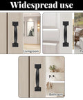 Two 5.5 Inch Black Door Pulls With Mounting Screws For Sliding Doors Cabinets Closets Drawers Gates Garages And Sheds Matte Modern Handle Hardware Includes 8 Screws shown installed in living room, patio, and bathroom