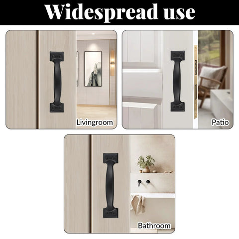 Two 5.5 Inch Black Door Pulls With Mounting Screws For Sliding Doors Cabinets Closets Drawers Gates Garages And Sheds Matte Modern Handle Hardware Includes 8 Screws shown installed in living room, patio, and bathroom