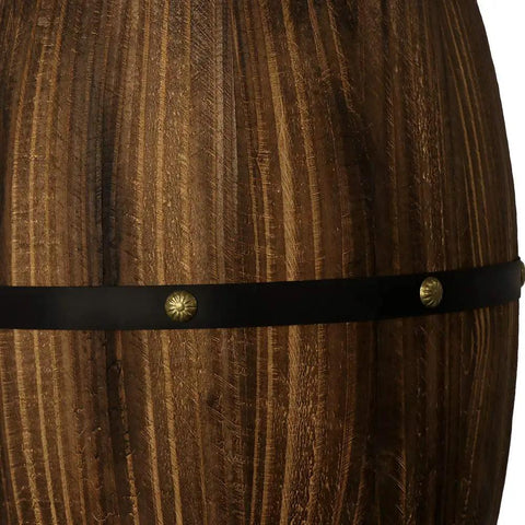 Close-up of the Antique Wood Wine Barrel Wall Sconce for Bar Area with Up and Down Lighting Steampunk Vibe Indoor Wall Lamp detail.