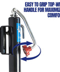 Trailer tongue jack lift, side view, 2000 lbs, swivel, red adjustment knob, black body with curved silver handle.