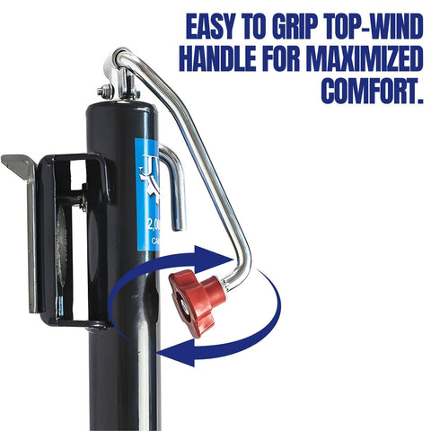 Trailer tongue jack lift, side view, 2000 lbs, swivel, red adjustment knob, black body with curved silver handle.
