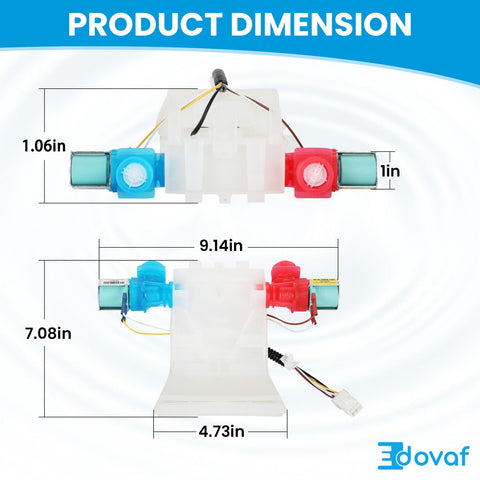 Washer Water Inlet Valve W10144820 Replacement for Amana Kenmore Maytag Roper Crosley Estate Washers with dimensions.