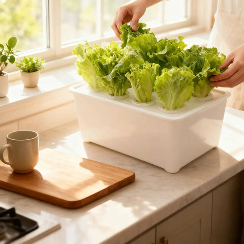 Six Hole Hydroponics Grow Box Kit For Indoor Outdoor Garden Soilless Cultivation System on kitchen counter with greens
