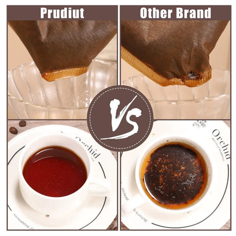 Comparison of coffee brewed with Solid Daily Driver Number Four Cone Coffee Filter Papers vs. other brand, showing clear and clean brews.