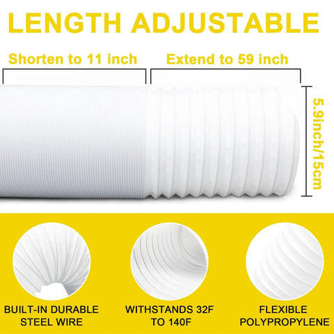 Universal Portable AC Exhaust Hose 5.9 Inch Anti Clockwise Thread With Built In Steel Ring Replacement Vent Hose Up To 59 Inches For Most Portable AC Units Does Not Include Coupler No Sweat Install with adjustable length and steel wire support.