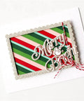 Merry and Bright greeting card with Strip Frame Metal Die Cut Set, showcasing Christmas-themed design with glitter frame and diagonal stripes.