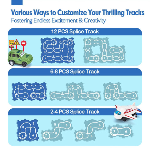 Puzzle Racer Kid Friendly Cars Track Set For Ages 3 To 5 showing 12, 6-8, and 2-4 piece track variations with car and airplane