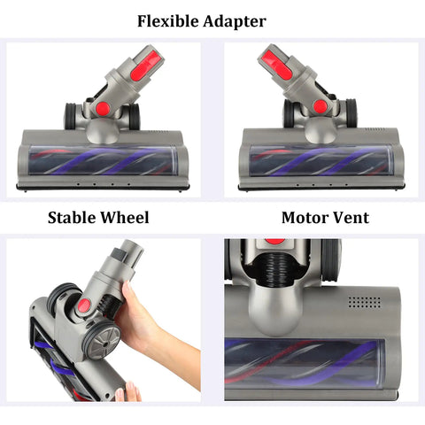 Motor Head Replacement For V15 V11 V10 V8 V7 Vacuum Cleaners detailing flexible adapter, stable wheel, motor vent features.