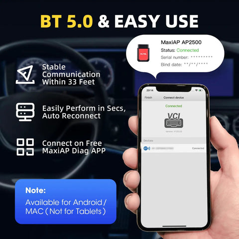 Smartphone showing AP2500E OBD2 Bluetooth Scanner Code Reader for Android and iOS All-System Diagnostic Tool CAN FD AutoVIN.