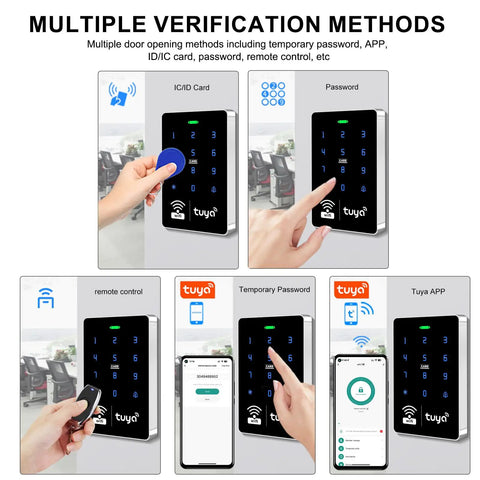 WiFi Tuya Smart Access System Kit with Waterproof RFID Touch Keypad Door Lock and smartphone app control shown in action.