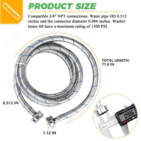 6 Foot Stainless Steel Braided Washing Machine Hoses Burst Proof Hot And Cold Water Supply Lines Universal Fit measurements