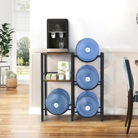 Heavy Duty Water Jug Rack With Shelf For Bottles in kitchen with water bottles stored efficiently