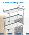 Front view of stainless steel 3-tier rolling cart with four 2-inch swivel caster wheels